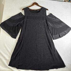 Nina Leonard Women’s 1X Black Cold Shoulder Tunic Top Metallic Knit